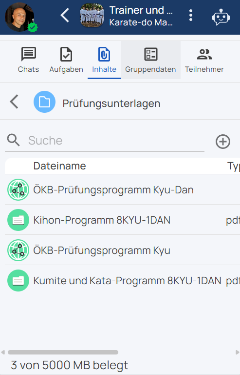 Screenshot: Dokumente und Inhalte einer Gruppe