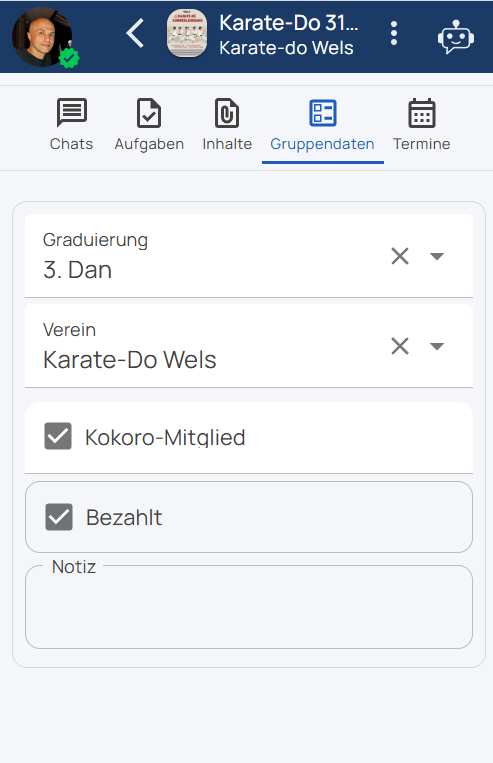 Screenshot: gruppenspezifische Datenfelder eines Mitglieds
