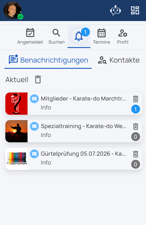 Screenshot: Benachrichtigungen und Kontakte