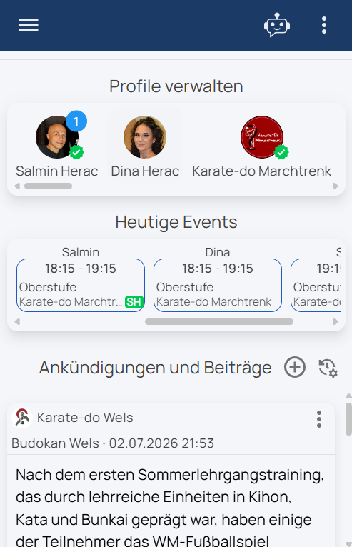 app2dat-Startseite: mehrere Profile verwalten: eigene, Kinder und Organisationen