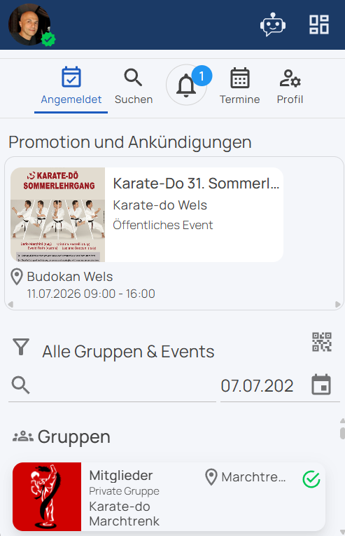 Registered tab: groups and events with status