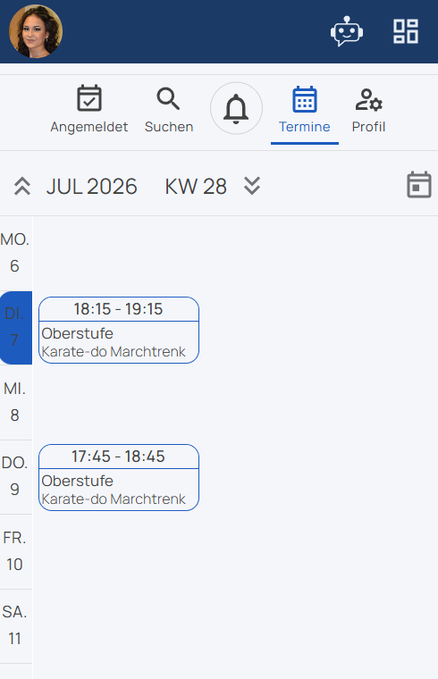 Weekly calendar with sessions